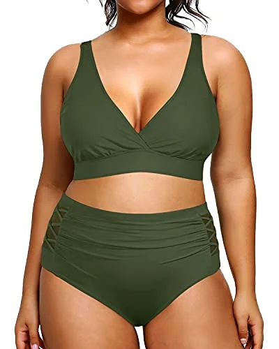 plus-size black bikini-High Waisted Plus Size Bikini Swimsuits Two Piece Bathing Suits-Army Green