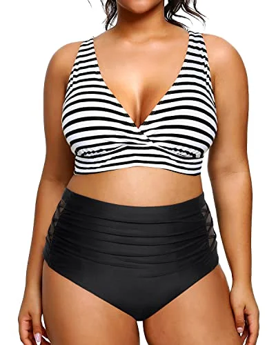 lightweight floral bikini-V Neck Adjustable Straps Plus Size Bikini High Waisted Swimsuits For Women-Black And White Stripe