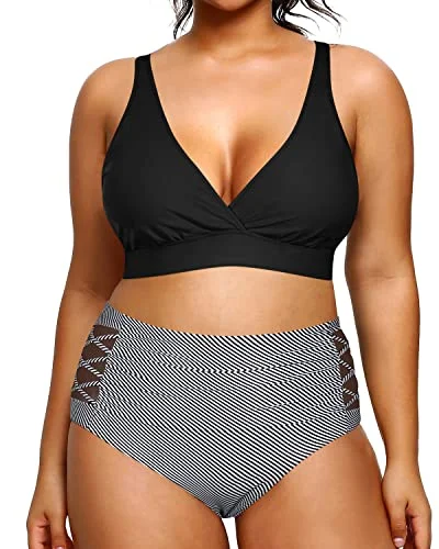 modern tropical bikini-Women's Plus Size High Waisted Bikini Swimsuits Tummy Control Swimwear-Black Stripe