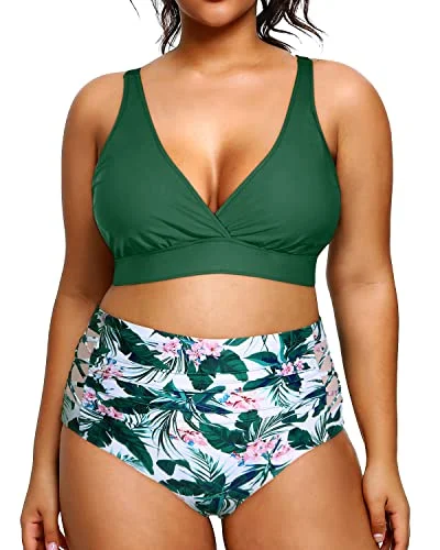 floral cut-out bikini-2 Piece Plus Size Bikini Set High Waisted Swimsuits Tummy Control Swimwear-Green Floral