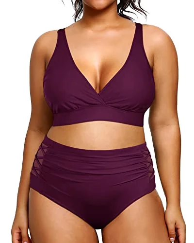 bold abstract bikini-Plus Size Bikini High Waisted Two Piece Bathing Suit Tummy Control-Maroon