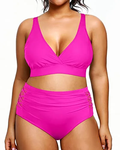 luxury gold bikini-V Neck Plus Size Bikini Two Piece Bathing Suits Slimming Swimwear-Neon Pink