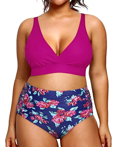 textured striped bikini-Sexy V Neck High Waisted Plus Size Bikini Bathing Suits-Pink Floral