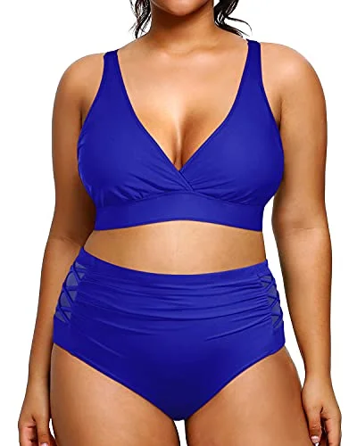 soft geometric bikini-Flattering V Neck Plus Size Two Piece Bikini Swimsuits-Royal Blue