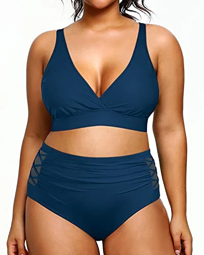 elegant striped bikini-Plus Size Bikini High Waisted Swimsuits Tummy Control Swimwear-Teal