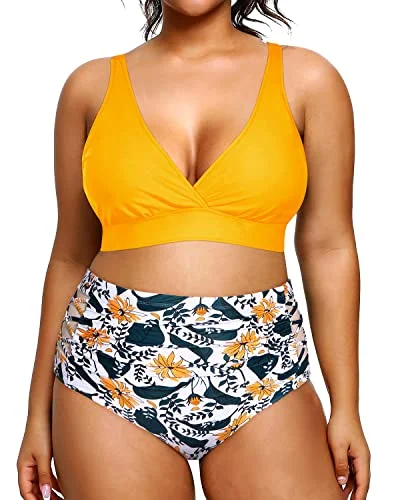 lightweight striped bikini-Plus Size Bikini High Waisted Two Piece Swimsuit Push-Up Padded Bra-Yellow Floral