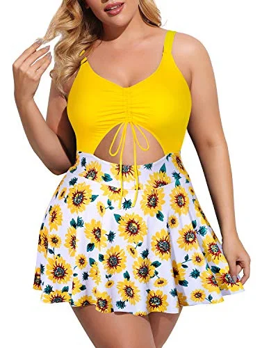 trendy floral bikini-Plus Size Tie Front V Neck Swim Dress Push Up Padded Bra Bathing Suits-Yellow Floral