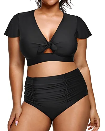 tropical mesh bikini-Womens Two Piece Plus Size Bikini Set High Waisted Swimsuits-Black