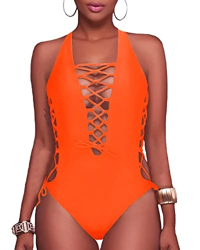 Lace Up Monokini Plunge V Neck One Piece Swimsuits-Neon Orange