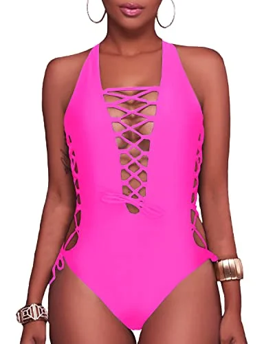 Strappy Cutout Monokini One Piece Swimsuit For Curvy Women-Neon Pink