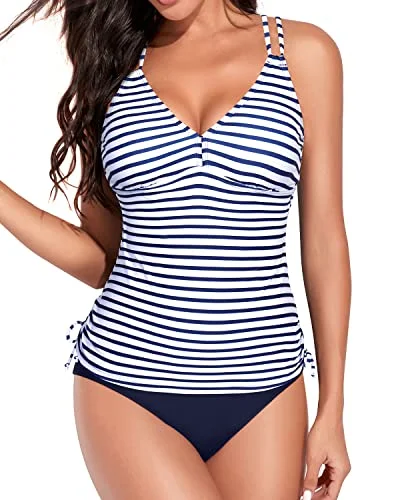 athletic tie-dye bikini-Adjustable Criss Cross Shoulder Straps Tankini Swimsuits-Blue White Stripe