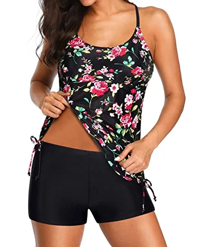 soft coral bikini-Modest Coverage Long Torso Tankini Swimsuits For Women-Black Floral