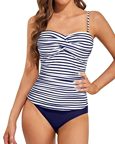 seamless striped bikini-Flattering Tummy Control Bandeau Tankini Bathing Suits-Blue White Stripe