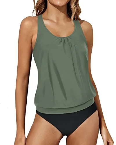 Blouson Two Piece Tankini Swimsuits Women Tummy Control Bathing Suits-Olive Green