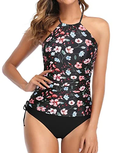 Halter Tankini Top With Bikini Bottom Tummy Control Two Piece Swimsuits-Black And Pink Floral