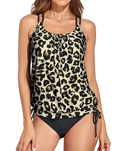 plus-size striped bikini-Loose Fitting Blouson Tankini Bathing Suits For Women-Black And Leopard