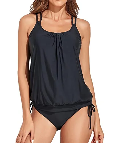 Athletic Blouson Tankini Top With Bikini Bottom Tummy Control Swimsuits-Black