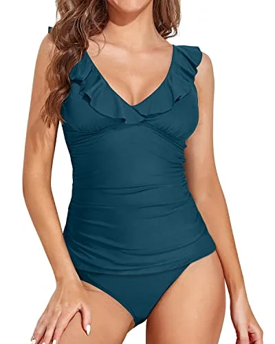 Deep V Neck Mid Waisted Bikini Bottom Full Coverage Tankini Swimsuits-Teal