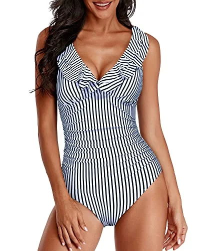 Tummy Control One Piece Swimsuits With Ruched Pattern-Black And White Stripe