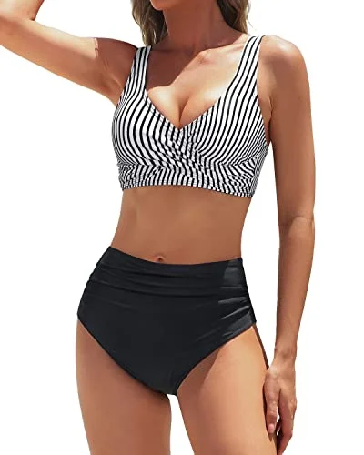 stylish tropical bikini-Ruched Women's Full Coverage Two Piece High Waisted Bikini Set-Black And White Stripe