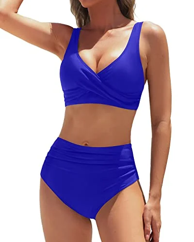 tropical geometric bikini-Ruched Tummy Control Two Piece High Waisted Bikini Set For Women-Royal Blue