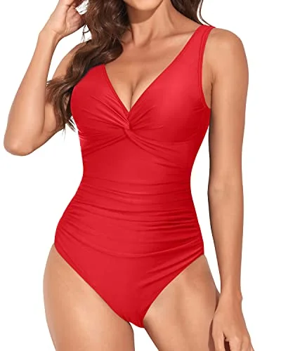 Long Torso Women Swimsuit Vintage V Neck Push Up Monokini-Red