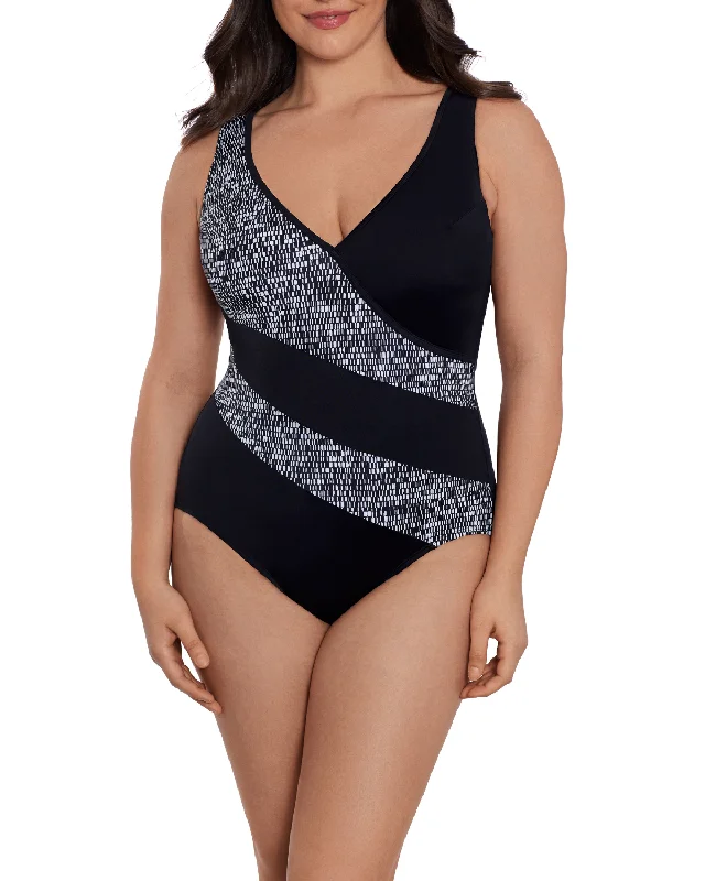 2024 Longitude Madison Square Faux Surplice Tank Long Torso One Piece Swimsuit - L241715