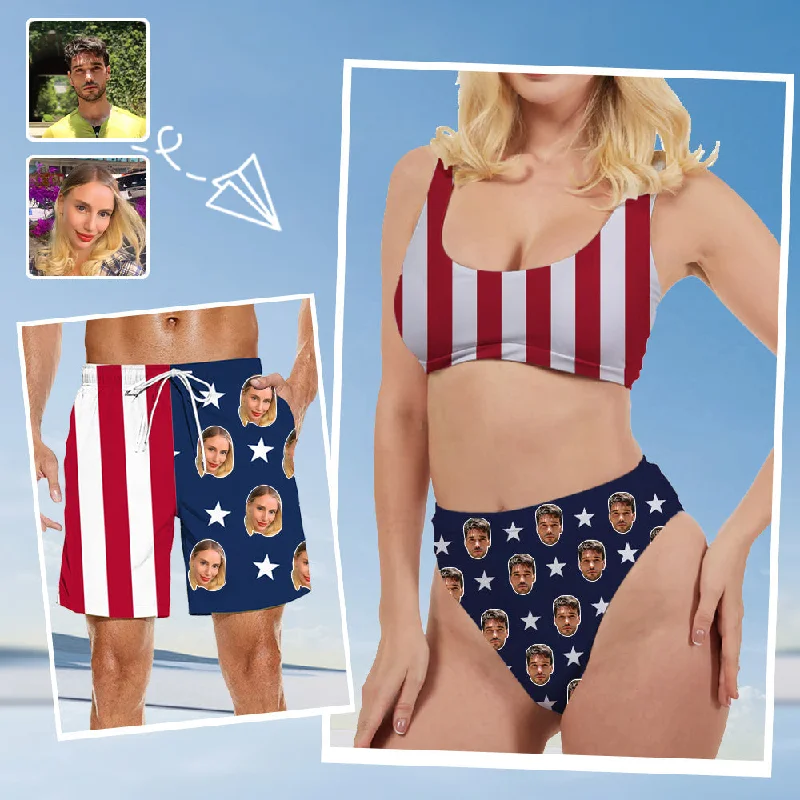 American Independence Day Flag Printed Customized Couple Outfits Women’s Bikini Two-piece Set & Men’s Beach Shorts