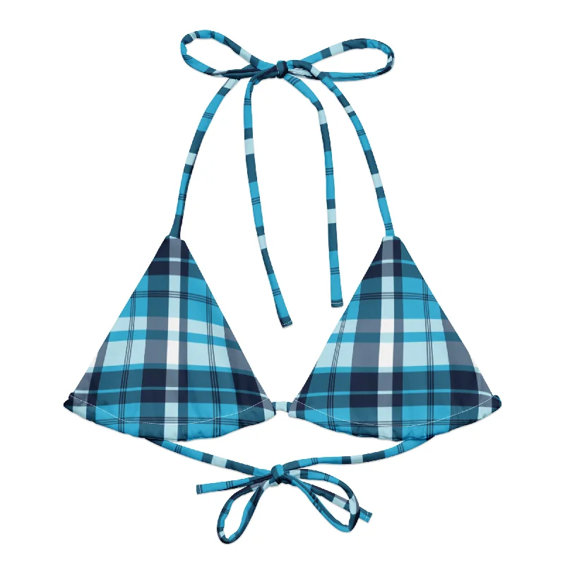 textured polka dot swimwear-Aqua Blue and Navy Blue Preppy Surfer Girl Plaid String Bikini