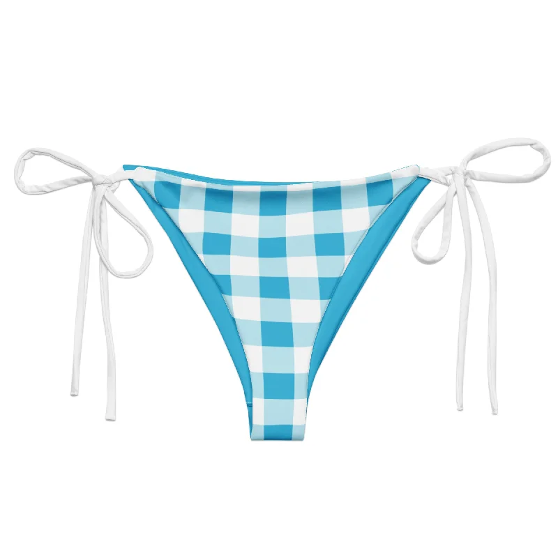 classic floral swimwear-Aqua Blue and White Gingham String Bikini Swimsuit Bottoms