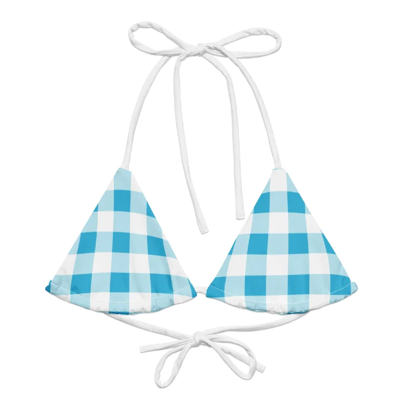 floral high-waist swimwear-Aqua Blue and White Gingham String Bikini Swimsuit Top