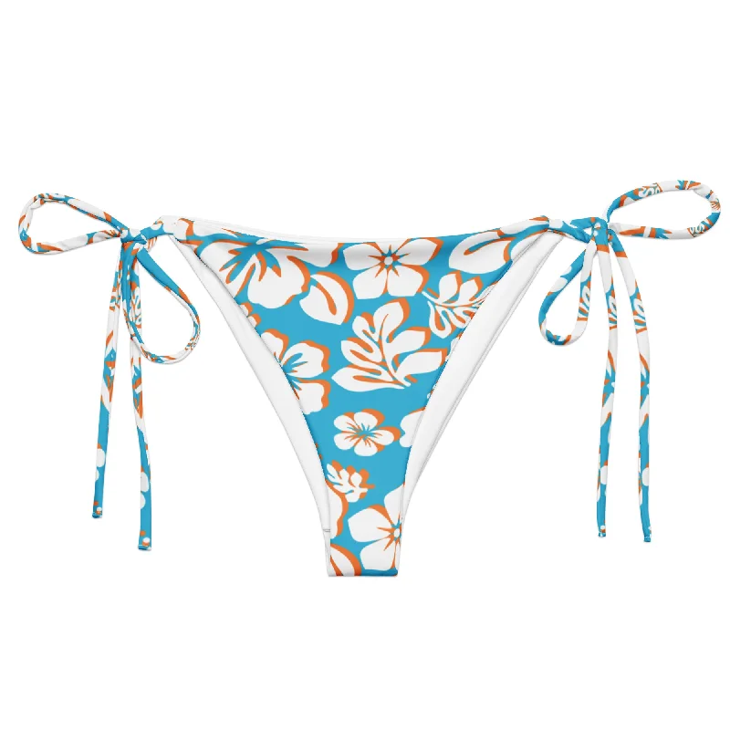 bold floral swimwear-Aqua Blue, Orange and White Hawaiian Flowers String Bikini Bottoms