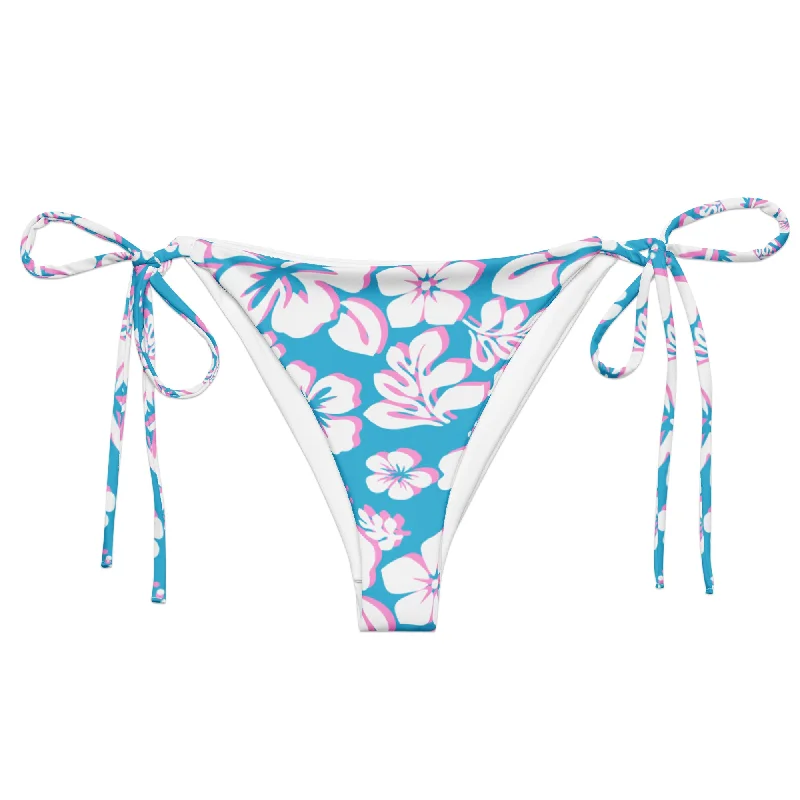 soft tropical swimwear-Aqua Blue, Pink and White Hawaiian Flowers String Bikini Bottoms