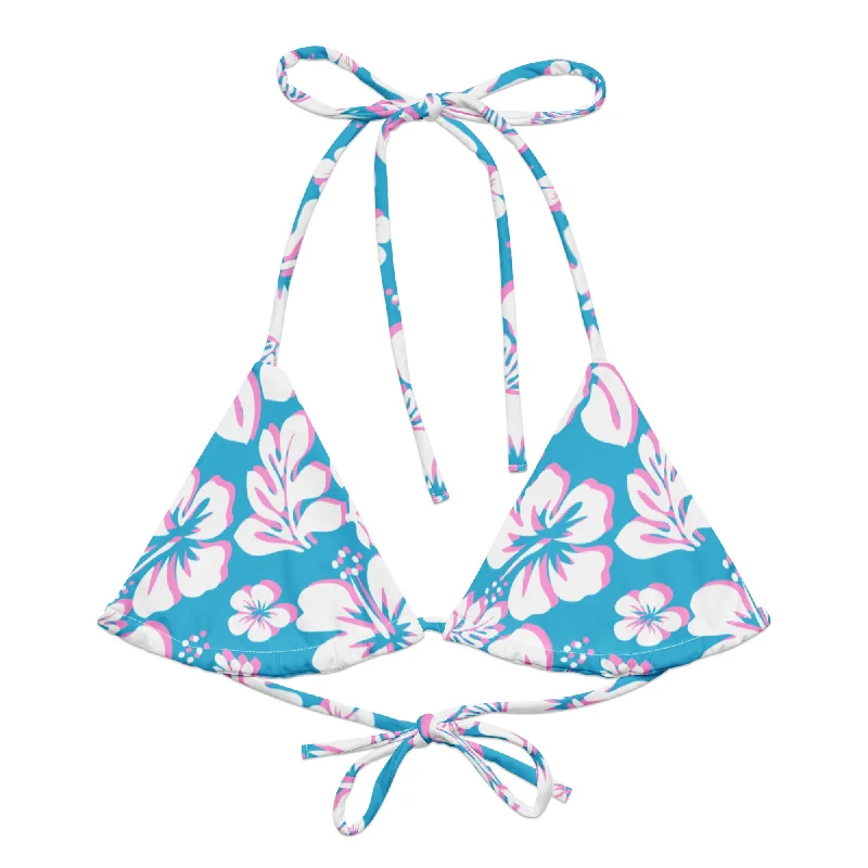 deep plunge swimwear-Aqua Blue, Pink and White Hawaiian Flowers String Bikini Top