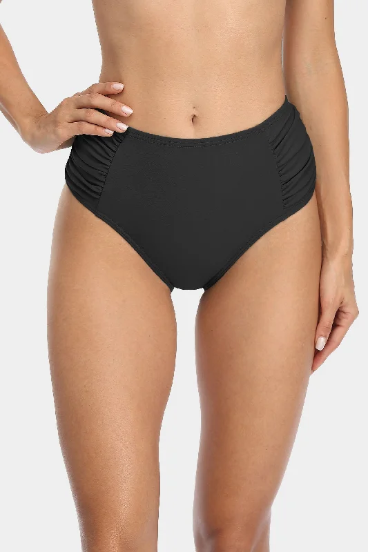 modern mesh swimwear-Attraco Women's Solid High Waisted Pleated Bikini Swim Bottom