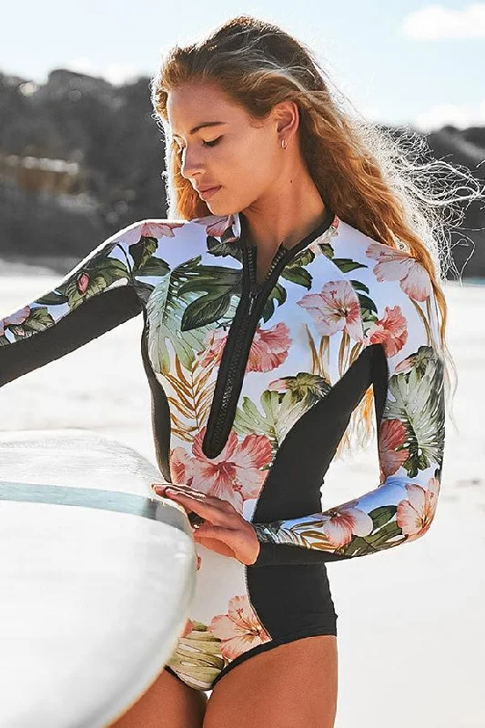 Palm Leaf Print Long Sleeve Zip UPF50+ Rash Guard