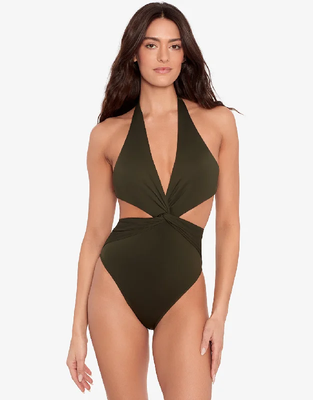 Beach Club Solids Cut Out Halter Swimsuit - Olive