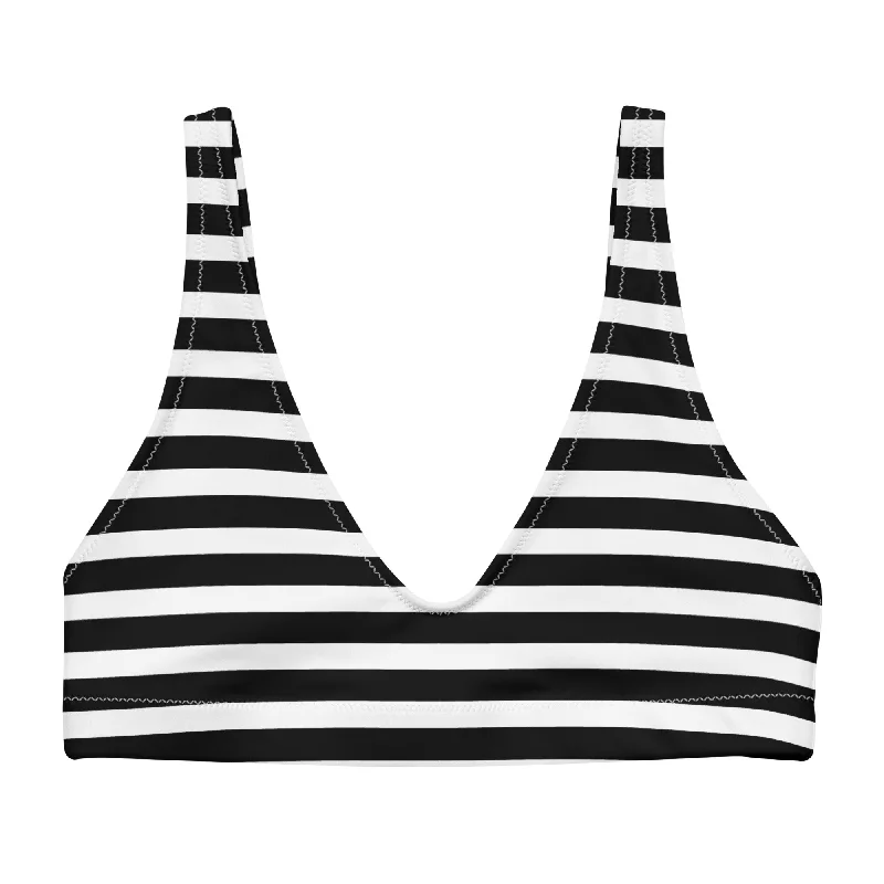 quick-dry bandeau swimwear-Black and White Beach Stripes Halter Bikini Top