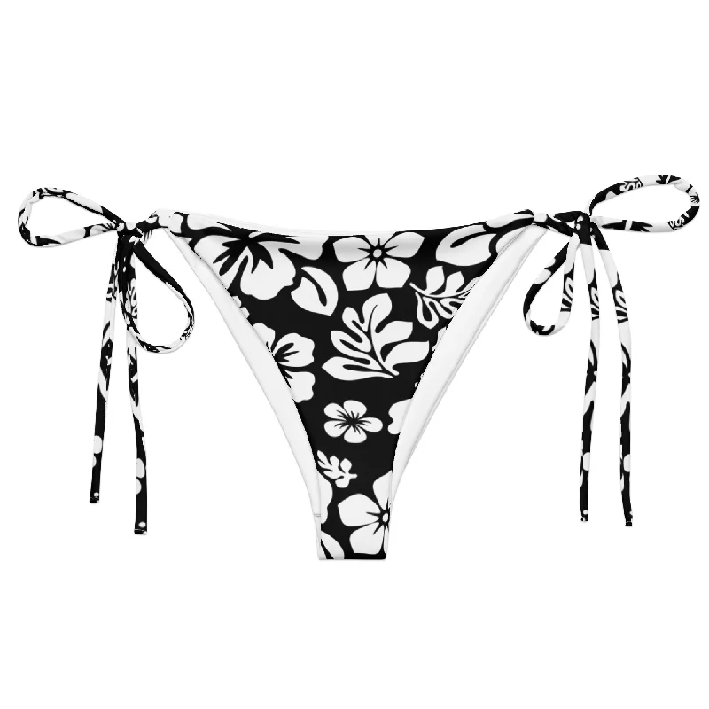 high-cut floral swimwear-Black and White Hawaiian Flowers String Bikini Bottoms