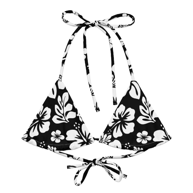 stylish mesh swimwear-Black and White Hawaiian Flowers String Bikini Top