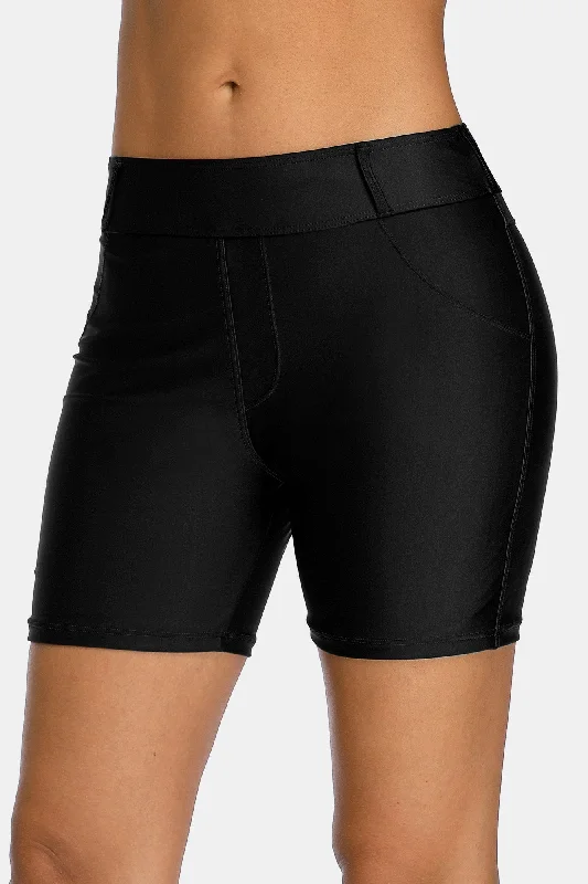 supportive mesh swimwear-Attraco Black Belt loops Pocket Women Swim Shorts