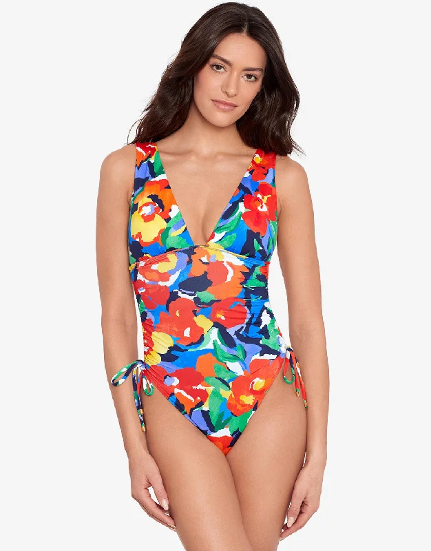 Bold Abstract Floral Ruched Plunge Swimsuit