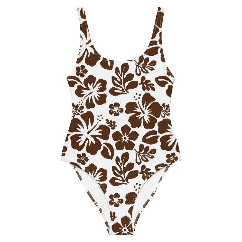 Brown Hawaiian Flowers on White One-Piece Swimsuit