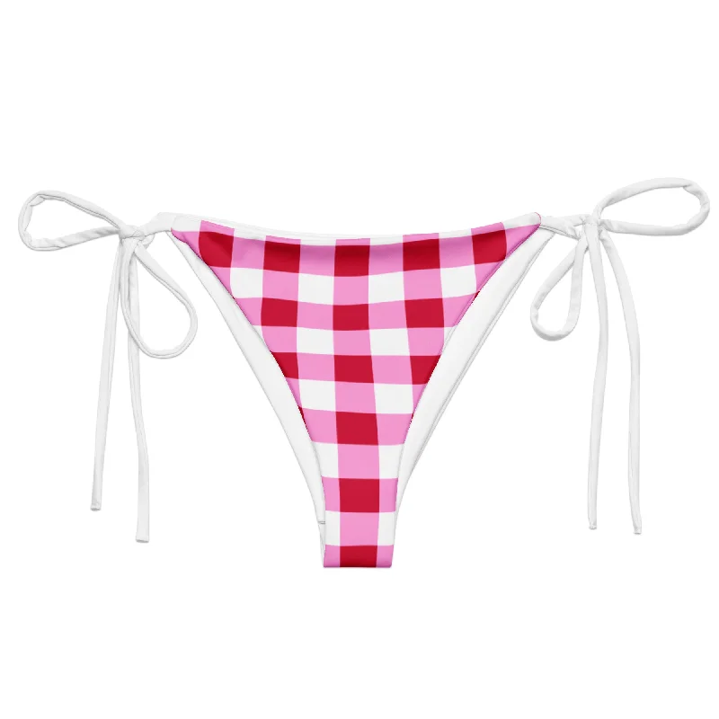 adjustable floral swimwear-Cherry Red, White and Pink Gingham String Bikini Swimsuit Bottoms