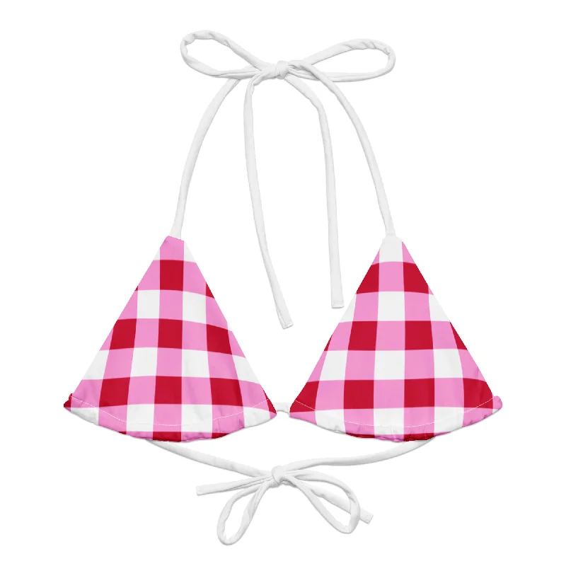 sleek coral swimwear-Cherry Red, White and Pink Gingham String Bikini Swimsuit Top