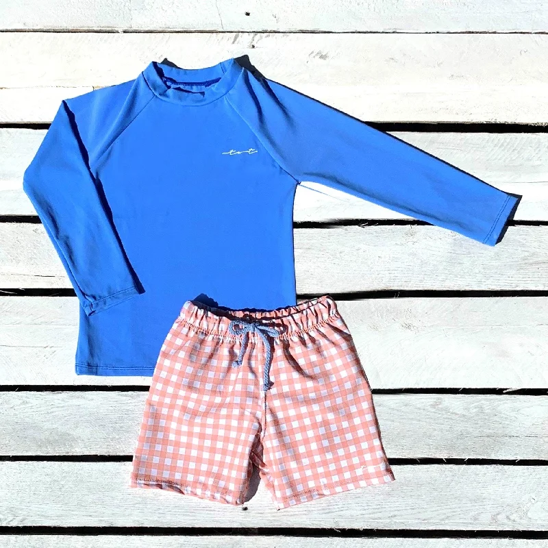 Coral Gingham Boys Sun Shirt and Swim Trunk Set