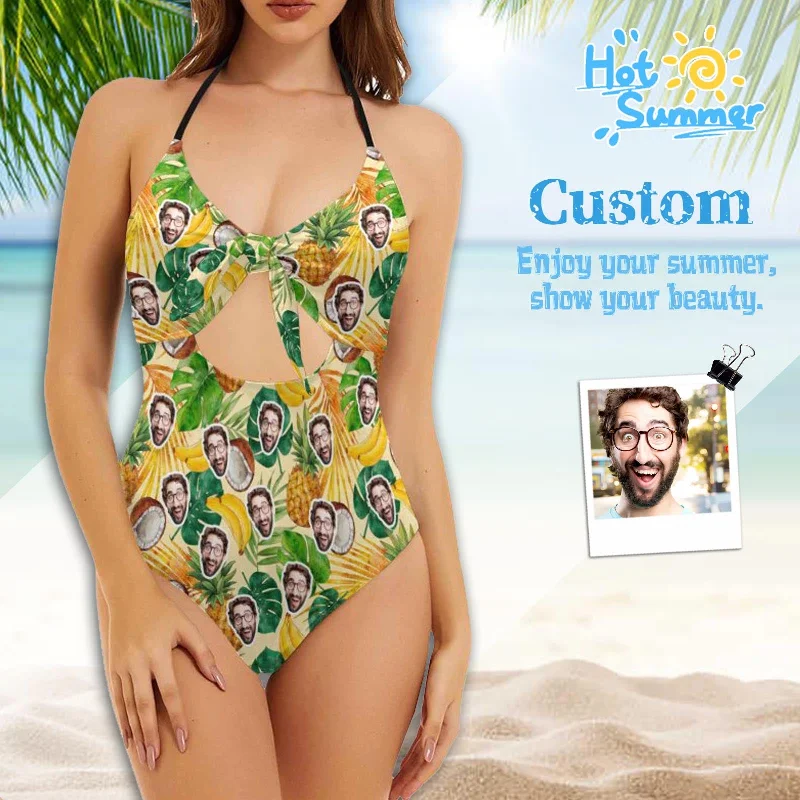 tie-side black swimwear-Custom Coconut Pineapple Yellow Tropical Face Swimsuit Personalized Women's Backless Bow One Piece Bathing Suit Honeymoons For Her