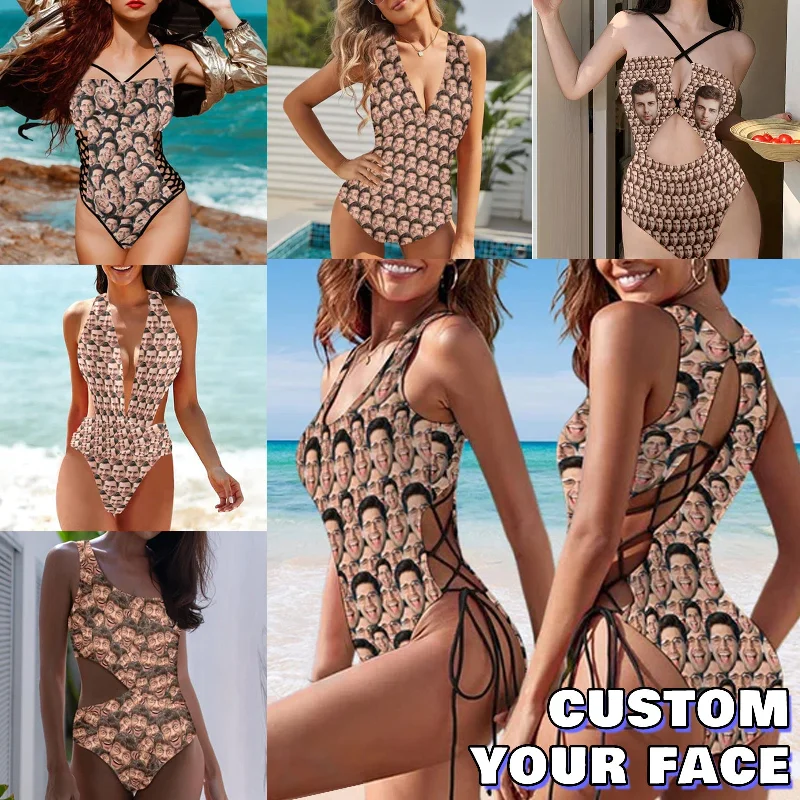 classic striped swimwear-Custom Seamless MultifaceFace All Women's Lace Up Back Swimwear One Piece Swimsuit