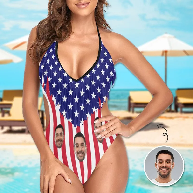 supportive floral swimwear-Custom Face American Flag One Piece Fringe Swimsuit Personalized Women's Bathing Suit