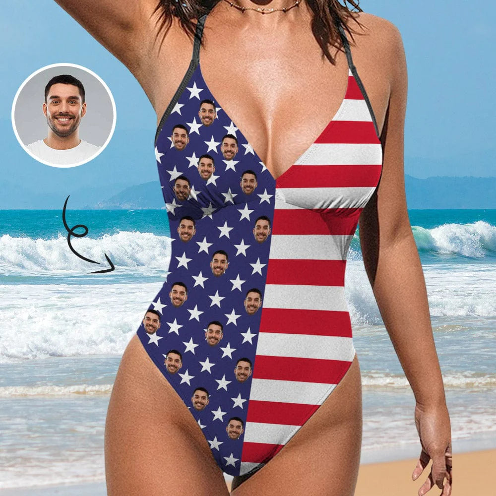 luxury floral swimwear-Custom Face American Flag Personalized V-Neck Women's One Piece Swimsuit